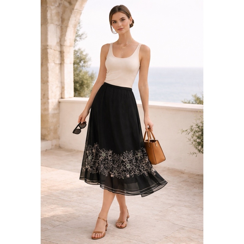 Rafaella Floral Embroidered Linen Midi Skirt Womens 12 Black Beaded Glam Chic